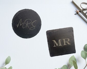 Mr. and Mrs. Slate Square and Circle Coasters - 4, 6, 8, 12 - Engraved