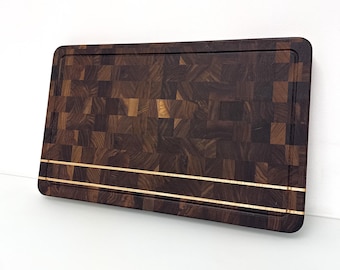 Handmade End Grain Walnut with Maple Inlays Cutting Board • Personalized Engraved Durable Wood Board • Wedding & Housewarming Gift