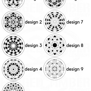 May include: Nine different mandala designs in black and white. Each design is labeled with a number from 1 to 9.