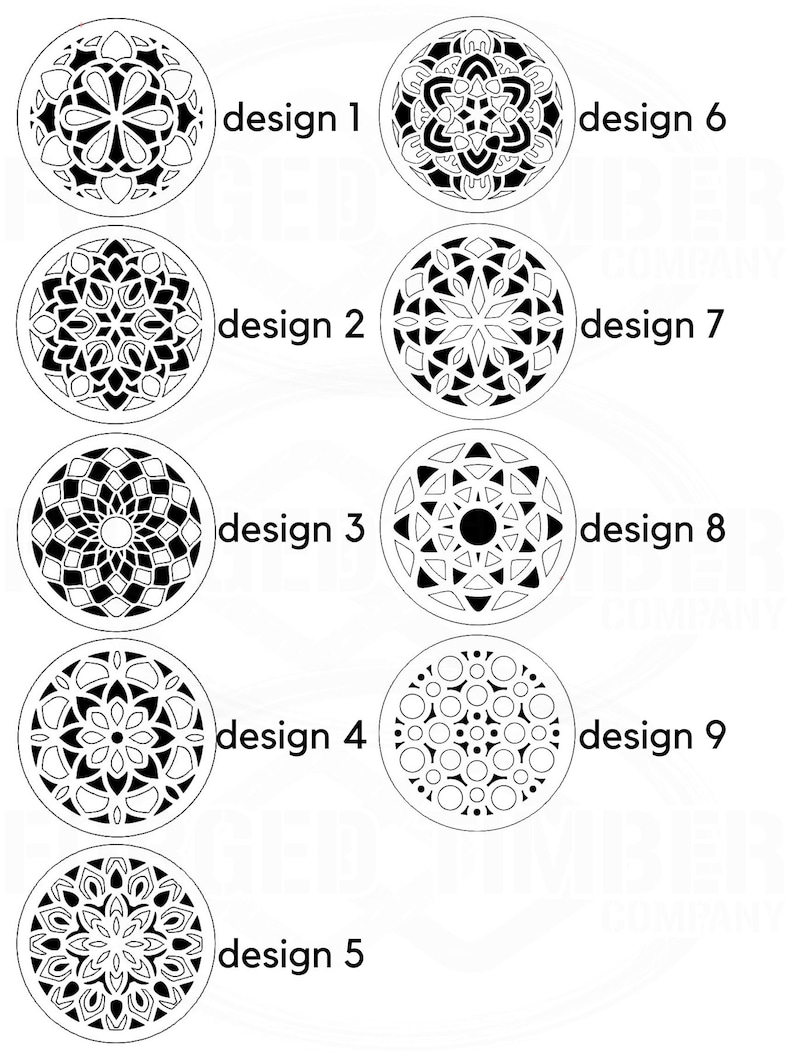 May include: Nine different mandala designs in black and white. Each design is labeled with a number from 1 to 9.
