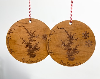 Lake Map Ornaments - ANY LAKE! custom wood décor Laser Engraved Christmas tree