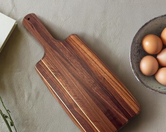 Walnut Cutting Board with Maple Inlay, Personalized Wood Board, Handmade Paddle Board, Custom Engraved Kitchen Gift