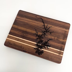 Personalized Lake  Cutting Board, Engraved Wood Charcuterie Board, Custom Coordinates & Family Name
