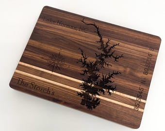 Personalized Lake Norman NC Cutting Board, Engraved Wood Charcuterie Board, Custom Coordinates & Family Name