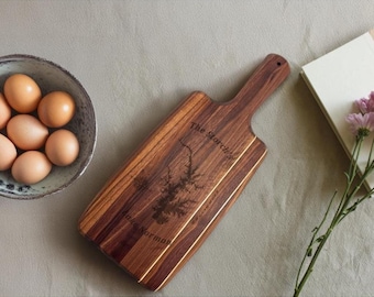 Lake Walnut Cutting Board with Maple Inlay, Personalized Wood Board, Handmade Paddle Board, Custom Engraved Kitchen Gift