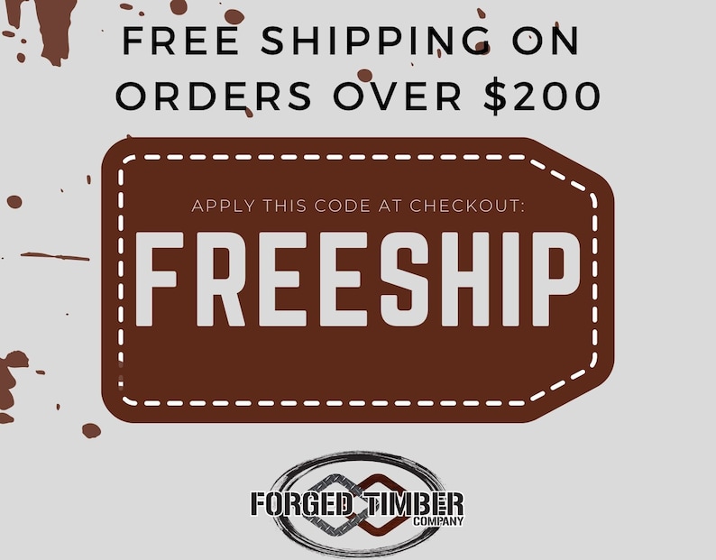 May include: A brown rectangular tag with a white border and white dashed lines around the edge. The tag has the text "FREE SHIPPING ON ORDERS OVER $200" and "APPLY THIS CODE AT CHECKOUT: FREESHIP" in white text. The tag is on a gray background with brown paint splatters.