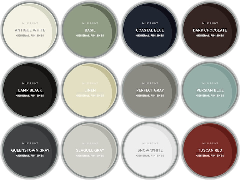 May include: Twelve paint can lids with different colors and names. The colors are antique white, basil, coastal blue, dark chocolate, lamp black, linen, perfect gray, persian blue, queenstown gray, seagull gray, snow white, and tuscan red.
