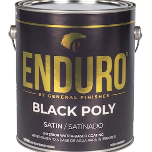 May include: A gallon can of Enduro Black Poly Satin Interior Water-Based Coating by General Finishes. The can is black with gold lettering and an eagle logo.