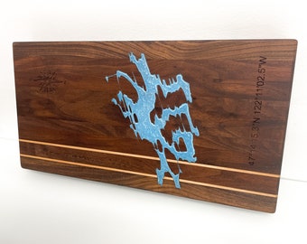 Epoxy Lake Map Cutting Board | Walnut & Maple, Personalized Gift
