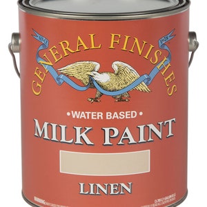 May include: A red paint can with a white eagle and blue ribbon logo. The can is labeled "General Finishes" and "Milk Paint" in black text. The paint color is "Linen".