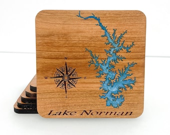 Custom Lake Map Wood Coasters – Epoxy Lakehouse Decor, Engraved