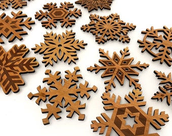 Sets 3, 6, 9, or 12 Wooden Snowflake Ornaments - Laser Cut Wood - Christmas Gift + Decor