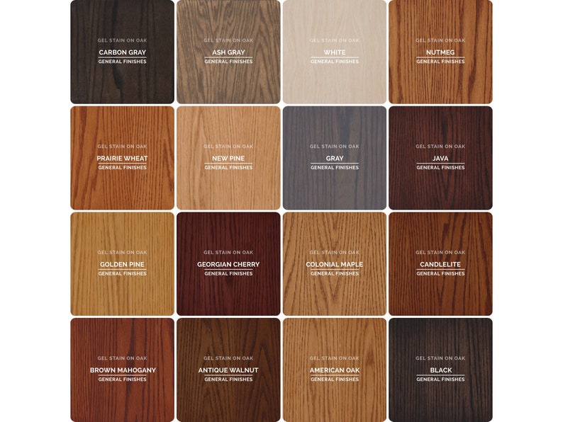 May include: A wood stain color chart with 16 different wood stain colors. The colors are labeled with the name of the stain and the words "Gel Stain on Oak" and "General Finishes".