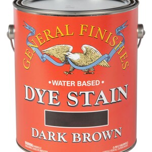 May include: A gallon can of General Finishes water-based dye stain in Dark Brown. The can features a red background with the company logo and the words "General Finishes" and "Dye Stain" in white.