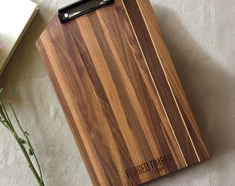 Personalized Engraved Wood Clipboard | Custom Walnut Clipboard with Maple Inlays • Laser Engraved Logo Clipboard • 3 Sizes