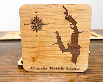 Custom Lake Map Coasters - Laser Engraved Wood, Lake House Decor