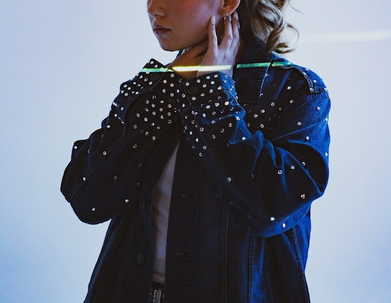 Jimin CRYSTAL DENIM Set, Rhinestoned Jean Jacket and Pants, Dark