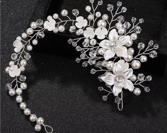 Silver CZ Crystals and Pearls Hair Vine