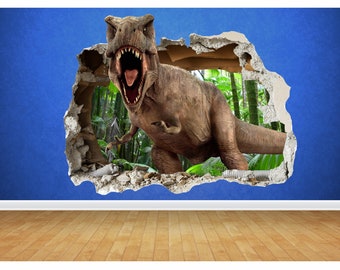 T-rex smashed Wall Sticker 75cm X 58cm 3D Look - Boys Kids Bedroom Wall Decal dinosaur