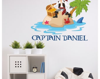 Pirate Captain Wall Decal Island Personalised Name Pirate Bedroom Sticker Art Mural Kids 58cm x 61cm