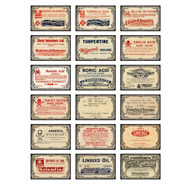 18 x Vintage Style Poison Apothecary Inventory Labels, Water and Oil Proof Self Adhesive Vinyl labels Halloween Pharmacy Chemist