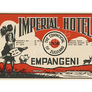 12 x 8 cm Vintage Style Hotel Luggage Label, Suitcase sticker, Steamer Trunk Decal, Baggage, Travel, Journal Art, Empangeni South Africa