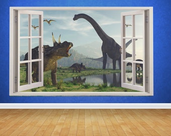 Dinosaur Window Wall Sticker 93cm X 58cm 3D Look - Boys Kids Bedroom Wall Decal