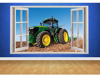 Tractor Window Wall Sticker 95cm X 58cm 3D Look - Boys Kids Bedroom Wall Decal Farm