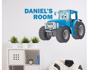 Personalised Blue Tractor Wall Sticker Bedroom Art Decal Mural Kids 102cm x 58cm