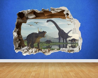 Dinosaur Smashed Wall Sticker 82cm X 58cm 3D Look - Boys Kids Bedroom Wall Decal