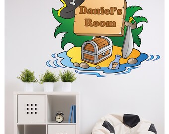 Pirate Wall Decal Island Personalised Name Pirate Bedroom Sticker Art Mural Kids 63cm x 58cm