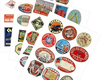 Vintage Style Travel Suitcase Luggage Labels, self-adhesive vinyl stickers,  hotel, airline, train
