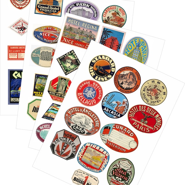 Vintage Style Travel Suitcase Luggage Labels, self-adhesive vinyl stickers, hotel, airline, train