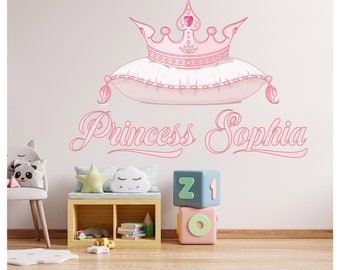 Personalised Name Princess Crown On Pillow Wall Sticker Bedroom Art Decal Mural Kids 87cm x 58cm