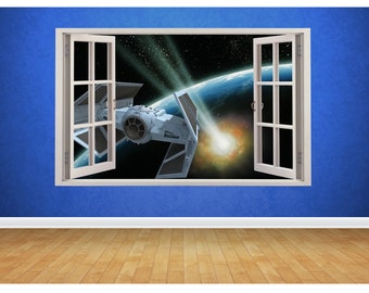 Space Ship Window Wall Sticker 94cm X 58cm 3D Look - Boys Kids Bedroom Wall Decal