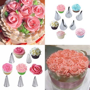 Op de afbeelding: Een set van 10 verschillende spuitmondjes voor het decoreren van taarten en cupcakes. De spuitmondjes zijn gemaakt van roestvrij staal en zijn verkrijgbaar in verschillende vormen en maten. De spuitmondjes worden getoond met verschillende gedecoreerde taarten en cupcakes.