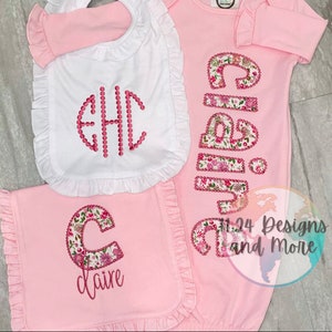 Baby Girl Coming Home Outfit, Personalized Baby Gift, Monogrammed Girl Outfit, Monogrammed Baby Girl Gown Set, Baby Gown Bib Burp Cloth Set