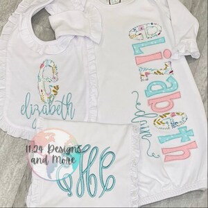 Baby Girl Coming Home Outfit, Personalized Baby Gift, Monogrammed Girl Outfit, Monogrammed Baby Girl Gown Set, Baby Gown Bib Burp Cloth Set