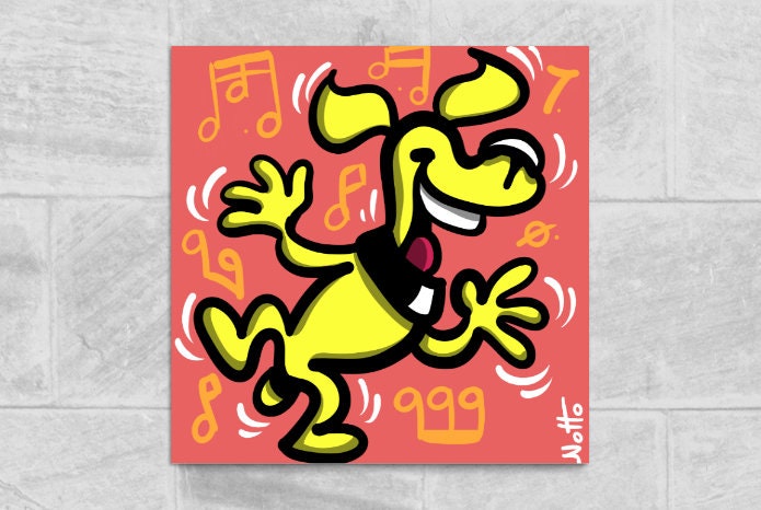 Cadre Dessin Humour Chien Jaune Dansant