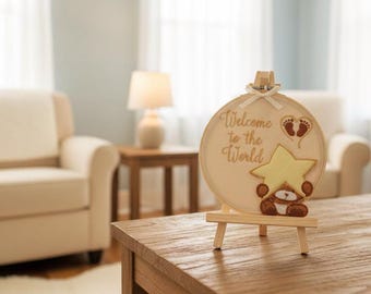 Personalized Teddy Bear Embroidery Hoop, Custom Name Baby Gift, Nursery Wall Art Decor, Newborn Keepsake, Boho Room Decor