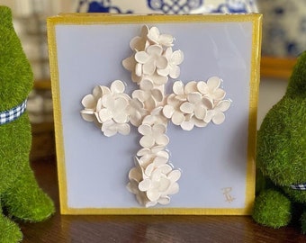 Original art cross, Clay hydrangea cross, Easter  6x6 handmade clay flower art