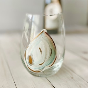 Hand Painted Stemless Wine Glass, Oyster Shell, Coastal Grandmother Style, Oyster Shell Wine Glass