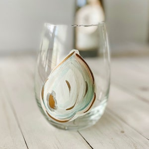 Hand Painted Stemless Wine Glass, Oyster Shell, Coastal Grandmother Style, Oyster Shell Wine Glass