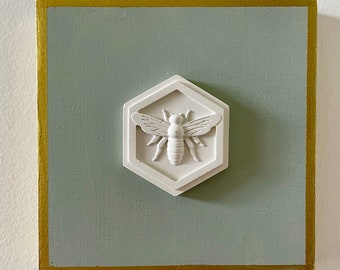 French Blue Bee Intaglio 6x6, wall art, bee decor, Plaster Intaglio