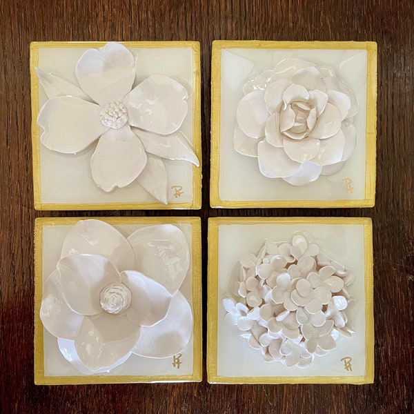 4x4  Modern Southern Flower Wall Art- Clay Sculpture Art, Hydrangea, Camellia, Dogwood, Magnolia