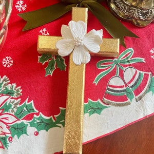 Gold Leaf Cross with clay intaglio, Christmas Gift, Baby gift, Conformation Gift, Wedding Gift, Sympathy Gift, Gold Cross with Dogwood