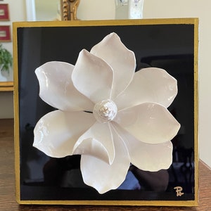 Magnolia Flower Wall Art, White clay flower wall art, Magnolia on wood gallery canvas.