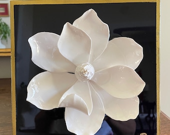 Magnolia Flower Wall Art, White clay flower wall art, Magnolia on wood gallery canvas.