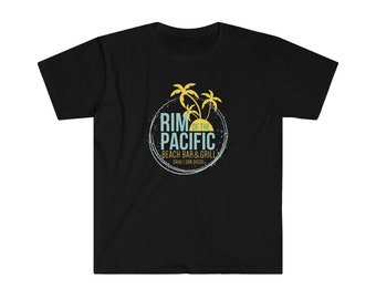 May include: Black t-shirt with a graphic of palm trees and the text "Rim of the Pacific Beach Bar & Grill Oahu | San Diego"