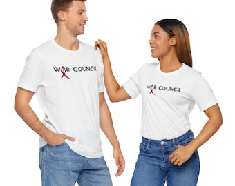 May include: Two people wearing white t-shirts with a pink ribbon and the text "War Council" printed on the front. The people are looking at each other and smiling.